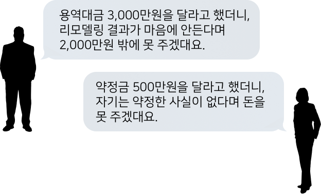 용역대금 3,000만원을 달라고 했더니, 리모델링 결과가 마음에 안든다며 2,000만원 밖에 못 주겠대요. / 약정금 500만원을 달라고 했더니, 자기는 약정한 사실이 없다며 돈을 못 주겠대요.